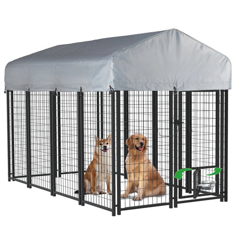 8X4X4 Ft Outdoor Dog Kennel Cage for Large Dogs,Large Dog Kennel with Rotating Bowls for Outdoor,Pet Dog Run Enclosures for Dog Crate with Waterproof Uv-Resistant Cover and Secure Lock