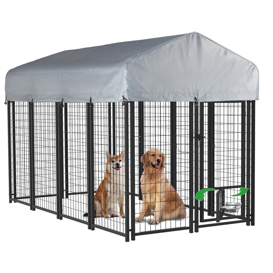 8X4X4 Ft Outdoor Dog Kennel Cage for Large Dogs,Large Dog Kennel with Rotating Bowls for Outdoor,Pet Dog Run Enclosures for Dog Crate with Waterproof Uv-Resistant Cover and Secure Lock